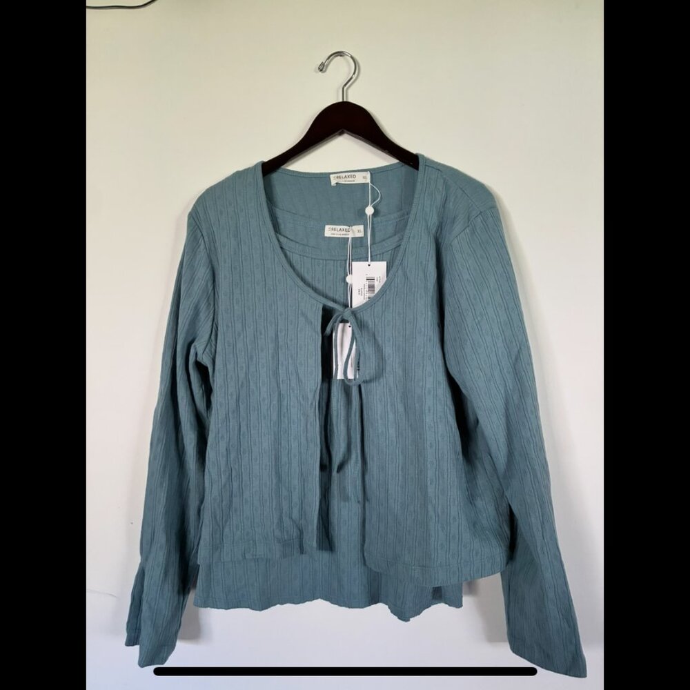 Dusty Blue Pointelle Talk & Tie Cardigan Set Women's XL, LA Relaxed